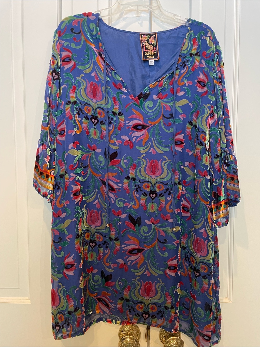 Johnny Was Sofiya dress Primula Burnout Blue Velvet Boho silk dress retail $388